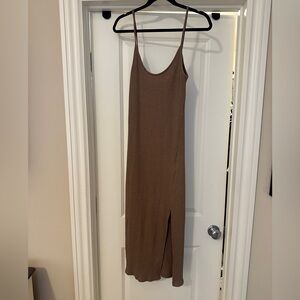 Brown Spaghetti Strap Midi Dress with slit